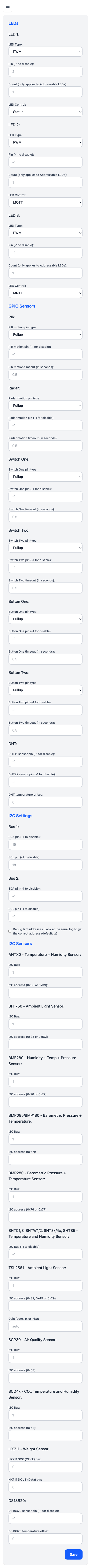 Sensors section of the ESPresense settings UI